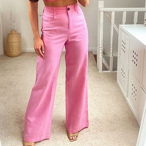 Pink Pants Linen High Waisted Woman Trousers Vintage Loose Wide Leg