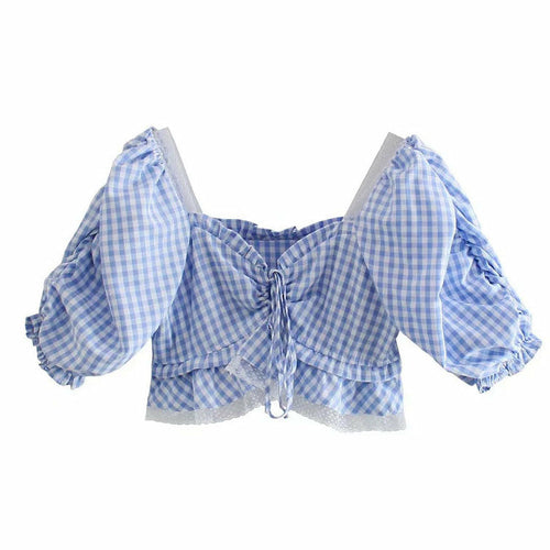 Plaid Women Lace Ruffle Blouses