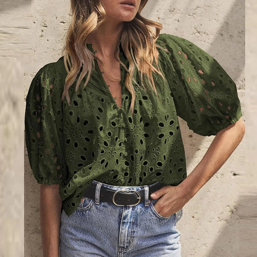 Hollowed-out Embroidery Lace Jacquard Blouse Women 2024 Spring Stand