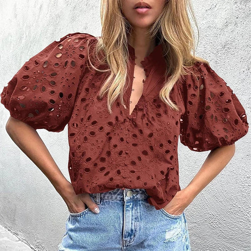 Hollowed-out Embroidery Lace Jacquard Blouse Women 2024 Spring Stand