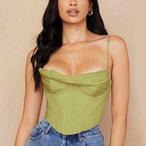 Satin Spaghetti Strap Lining Cowl Neck Corset Top