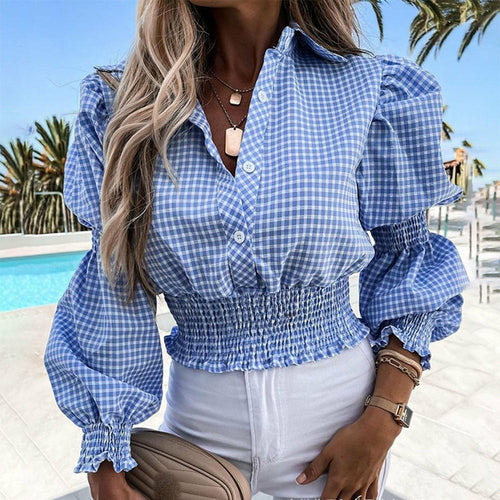 Casual Plaid Shirt  Fluffy Long Sleeve Button Shirts Crop Top