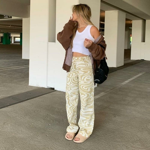 Print Straight Pants Capris High Waist Casual Vintage Streetwear
